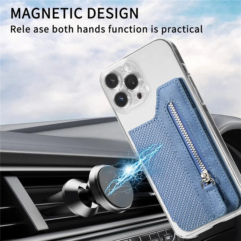 Zipper Card Holder Bag Kickstand Carbon Fiber Texture Leather Zipper Wallet - Blue