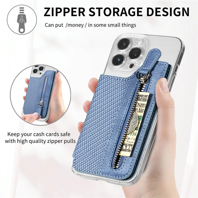 Zipper Card Holder Bag Kickstand Carbon Fiber Texture Leather Zipper Wallet - Blue