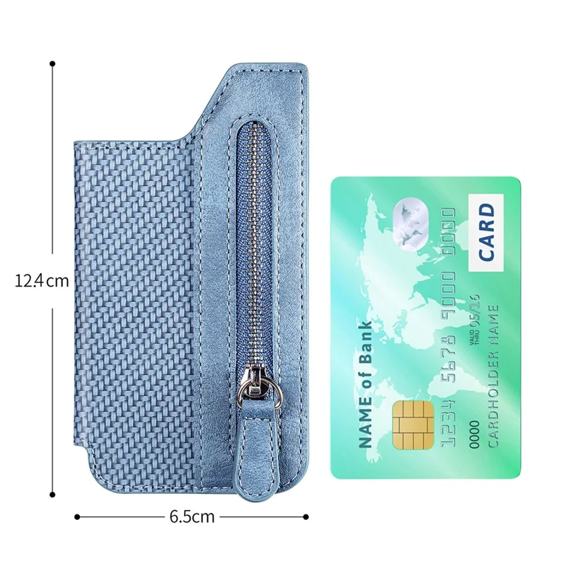 Zipper Card Holder Bag Kickstand Carbon Fiber Texture Leather Zipper Wallet - Blue