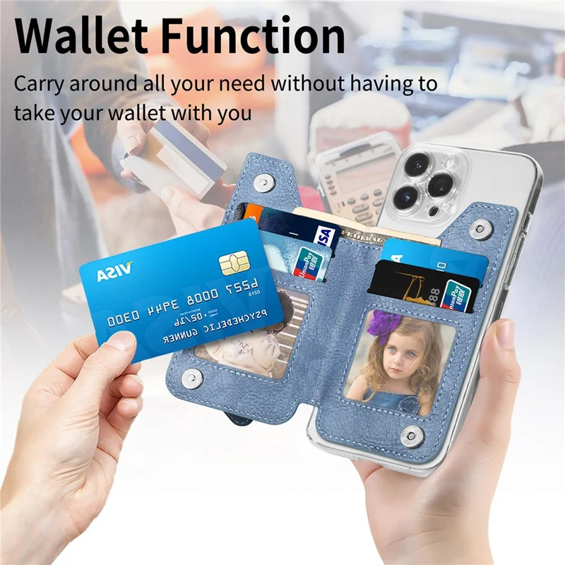 Zipper Card Holder Bag Kickstand Carbon Fiber Texture Leather Zipper Wallet - Blue