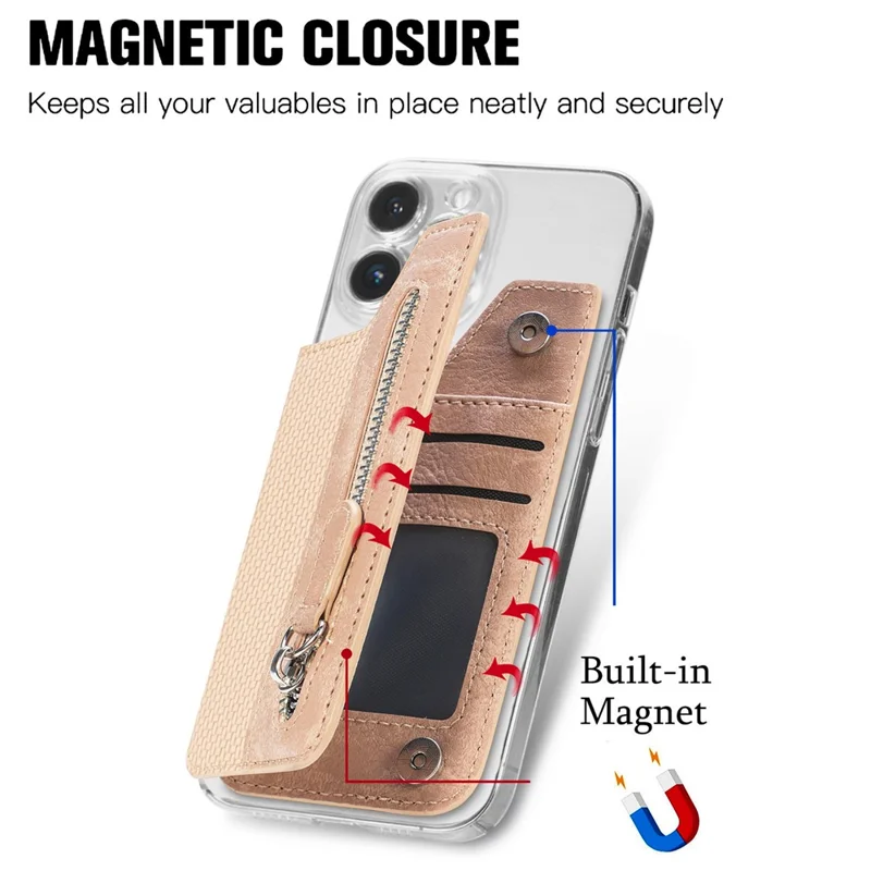 Zipper Card Holder Bag Kickstand Carbon Fiber Texture Leather Zipper Wallet - Khaki