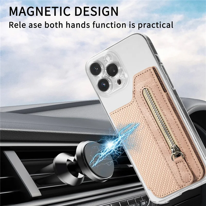 Zipper Card Holder Bag Kickstand Carbon Fiber Texture Leather Zipper Wallet - Khaki