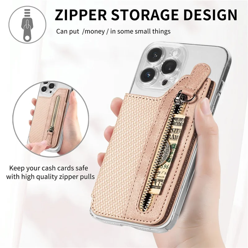 Zipper Card Holder Bag Kickstand Carbon Fiber Texture Leather Zipper Wallet - Khaki