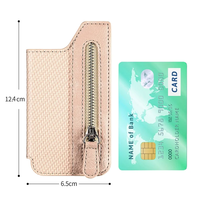 Zipper Card Holder Bag Kickstand Carbon Fiber Texture Leather Zipper Wallet - Khaki