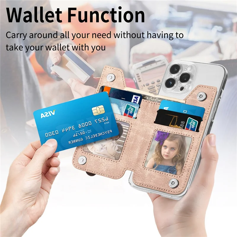 Zipper Card Holder Bag Kickstand Carbon Fiber Texture Leather Zipper Wallet - Khaki