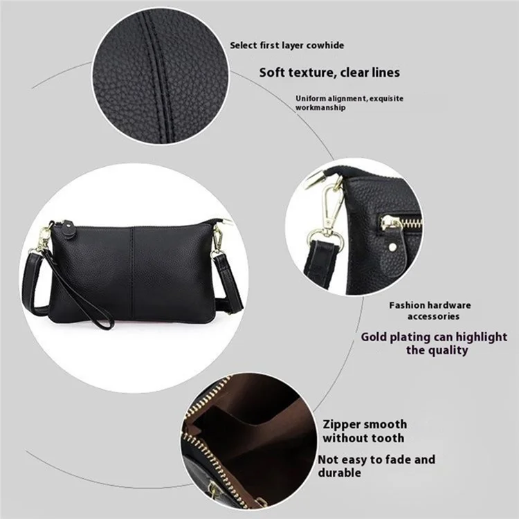 YT-966 Casual Rectangle Clutch Bag Cowhide Leather Crossbody Bag with Shoulder Strap - Black