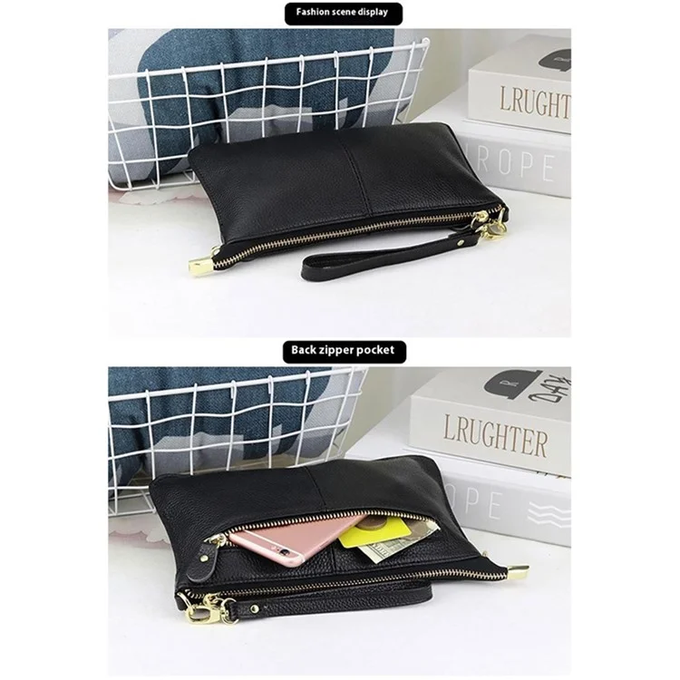 YT-966 Casual Rectangle Clutch Bag Cowhide Leather Crossbody Bag with Shoulder Strap - Black