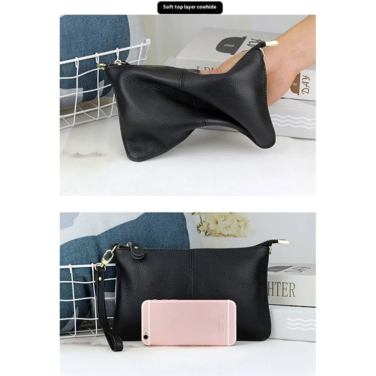 YT-966 Casual Rectangle Clutch Bag Cowhide Leather Crossbody Bag with Shoulder Strap - Black