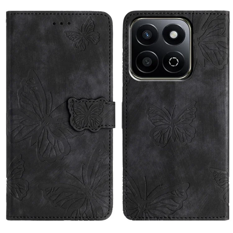 For Honor X7c 4G / 200 Smart 5G Case Butterfly Design Flip Wallet Leather Phone Cover Skin-Touch - Black