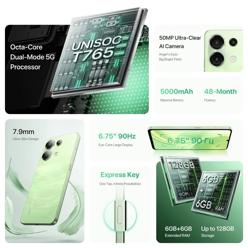 UMIDIGI G9 Smartphone 5G Android 14 6.75 Inch Unisoc T765 6GB + 128GB 5000mAh 50MP Camera Phone - Space Black