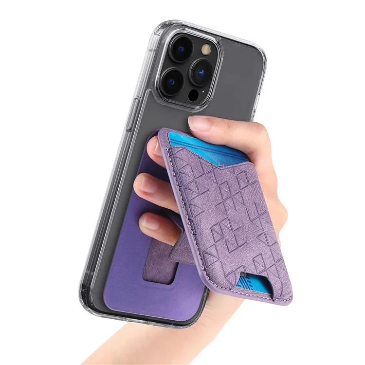KB-68 Vintage Adhesive Card Holder Pattern Imprinted PU Leather Phone Kickstand Card Pouch - Purple