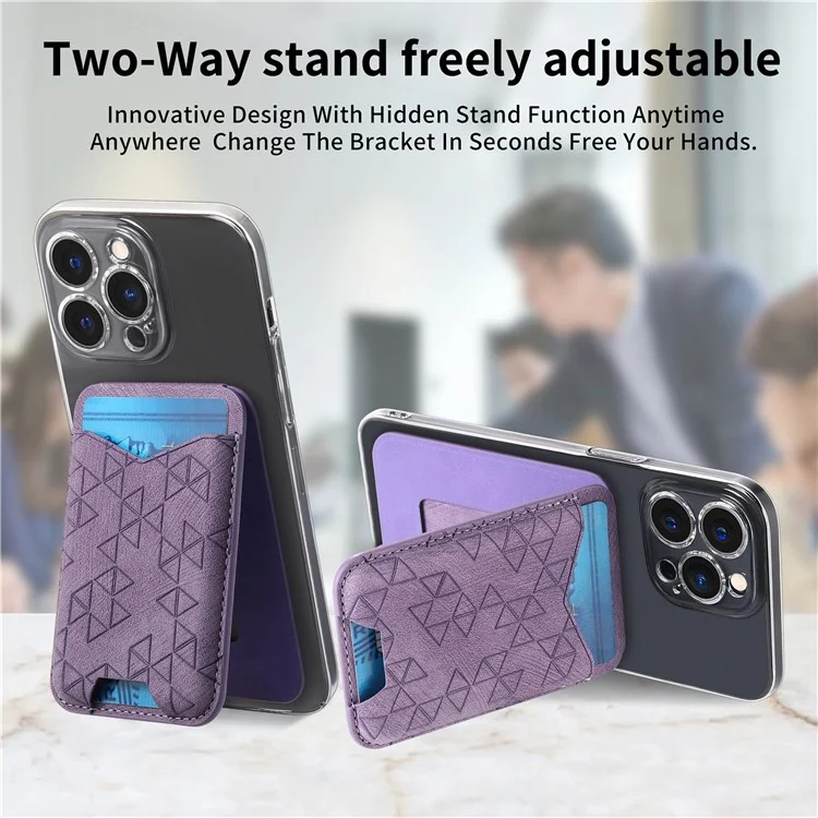 KB-68 Vintage Adhesive Card Holder Pattern Imprinted PU Leather Phone Kickstand Card Pouch - Purple