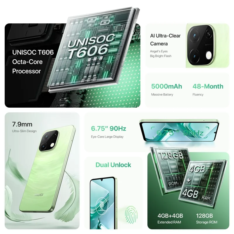UMIDIGI G9T Android 14 Smartphone 6,75 Polegadas 4GB + 128GB Unisoc T606 5000mAh Câmera 13MP Telefone 4G LTE - Preto Rocha