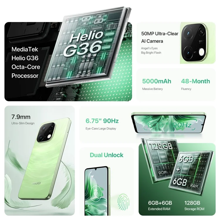 UMIDIGI G9C 6.75 Inch Smartphone Helio G36 6GB+128GB 5000mAh 50MP Camera 4G Mobile Phone (Hong Kong Delivery) - Grass Green