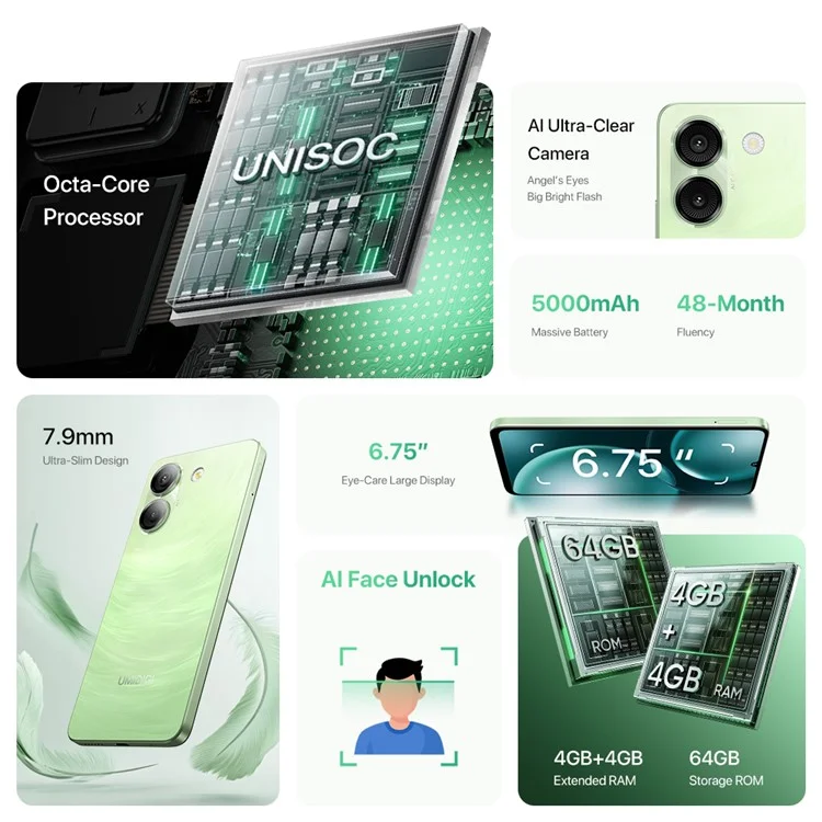 UMIDIGI G9A 6.75 Inch Smartphone 4GB + 64GB Unisoc SC9863A 5000mAh Battery 13MP Camera 4G Mobile Phone - Lake Green