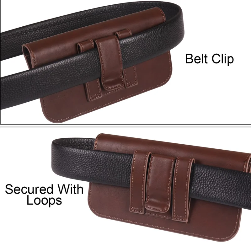 Horizontal Double Magnetic Phone Waist Bag for Universal 6.1-6.3 Inch PU Leather Belt Pouch - Coffee