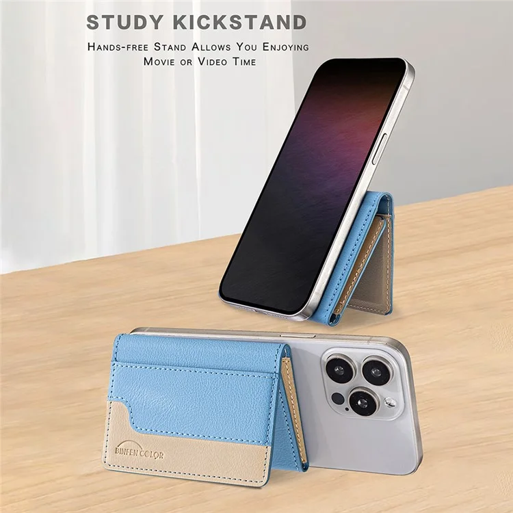 BINFEN COLOR BFK18 Magnetic Phone Card Holder Kickstand Splicing Color Matte Card Bag Horizontal - Baby Blue