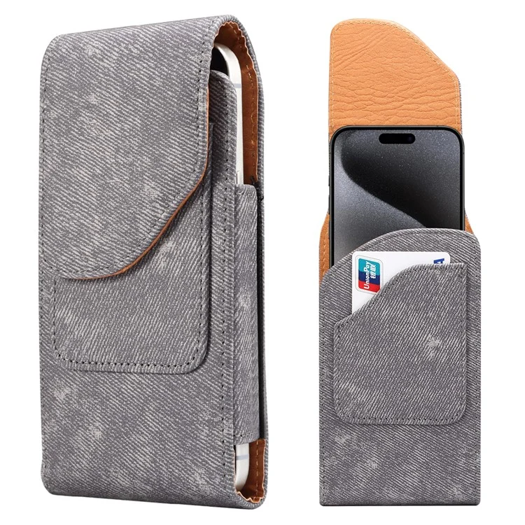 Custodia per telefono da 6,7 / 6,9 pollici con clip per cintura in pelle e texture in tessuto jeans per iPhone 16 Pro Max / Samsung Galaxy S25 Ultra / S24 Ultra - Grigio