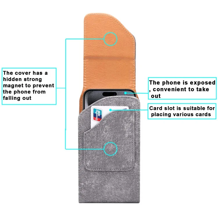 Custodia per telefono da 6,7 / 6,9 pollici con clip per cintura in pelle e texture in tessuto jeans per iPhone 16 Pro Max / Samsung Galaxy S25 Ultra / S24 Ultra - Grigio