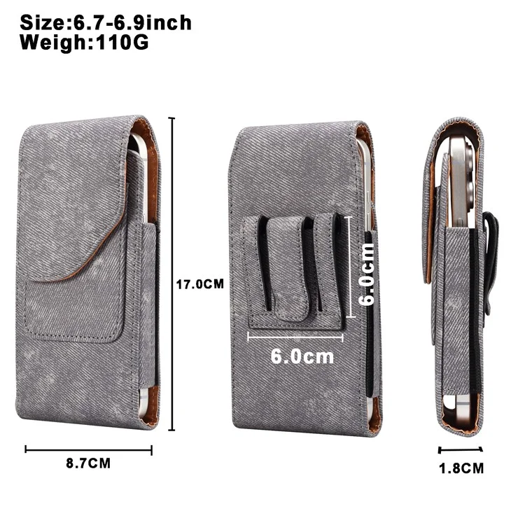 Custodia per telefono da 6,7 / 6,9 pollici con clip per cintura in pelle e texture in tessuto jeans per iPhone 16 Pro Max / Samsung Galaxy S25 Ultra / S24 Ultra - Grigio