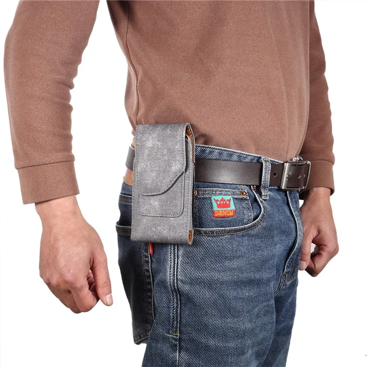 Custodia per telefono da 6,7 / 6,9 pollici con clip per cintura in pelle e texture in tessuto jeans per iPhone 16 Pro Max / Samsung Galaxy S25 Ultra / S24 Ultra - Grigio