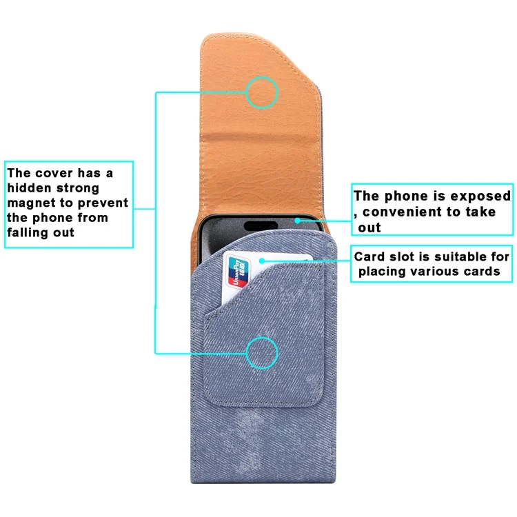Custodia per telefono da 7,2 pollici con clip da cintura in stile jeans per Huawei Mate 40 Lite / Mate 20 X / Xiaomi Mi Max, borsa in pelle con tasca per carte - Blu