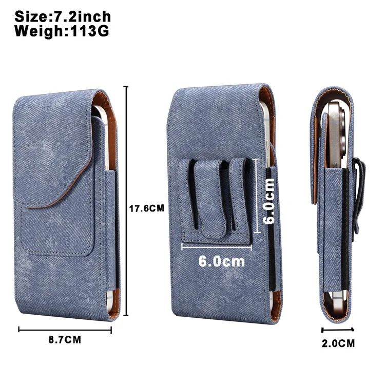 Custodia per telefono da 7,2 pollici con clip da cintura in stile jeans per Huawei Mate 40 Lite / Mate 20 X / Xiaomi Mi Max, borsa in pelle con tasca per carte - Blu