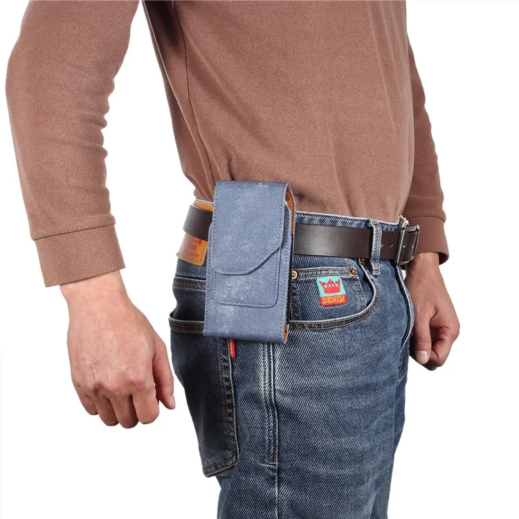 Custodia per telefono da 7,2 pollici con clip da cintura in stile jeans per Huawei Mate 40 Lite / Mate 20 X / Xiaomi Mi Max, borsa in pelle con tasca per carte - Blu