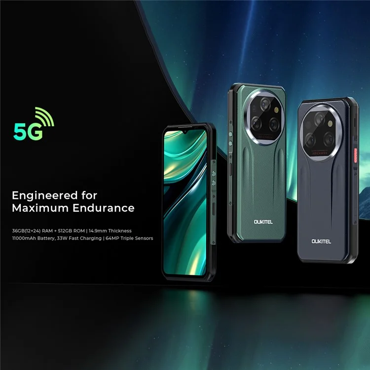 OUKITEL WP39 Pro Smartphone Resistente Android 6,6 Pulgadas 5G Dimensity 6300 12GB + 512GB Batería de 11000mAh Cámara de 64MP - Verde