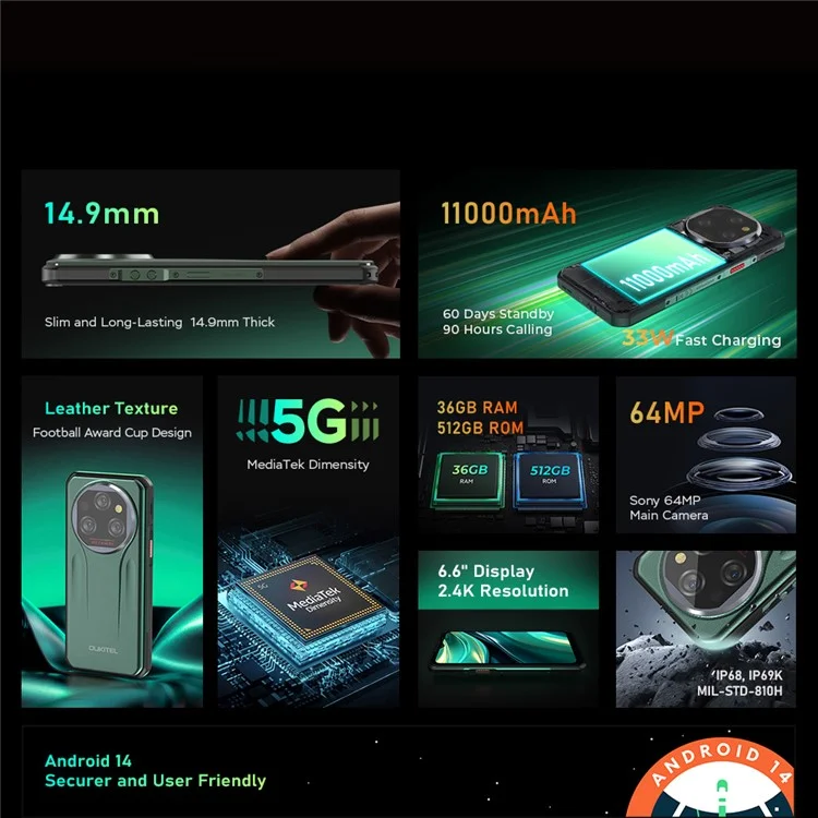 OUKITEL WP39 Pro Smartphone Resistente Android 6,6 Pulgadas 5G Dimensity 6300 12GB + 512GB Batería de 11000mAh Cámara de 64MP - Verde