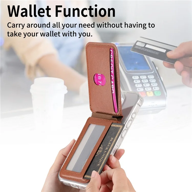 MC-W28 Porte-carte Ultra-Fin Magnétique pour Téléphone avec Blocage RFID, Motif Sergé et Support, Marron