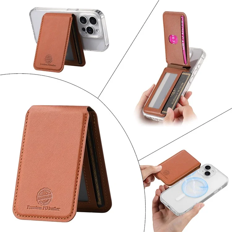 MC-W28 Porte-carte Ultra-Fin Magnétique pour Téléphone avec Blocage RFID, Motif Sergé et Support, Marron