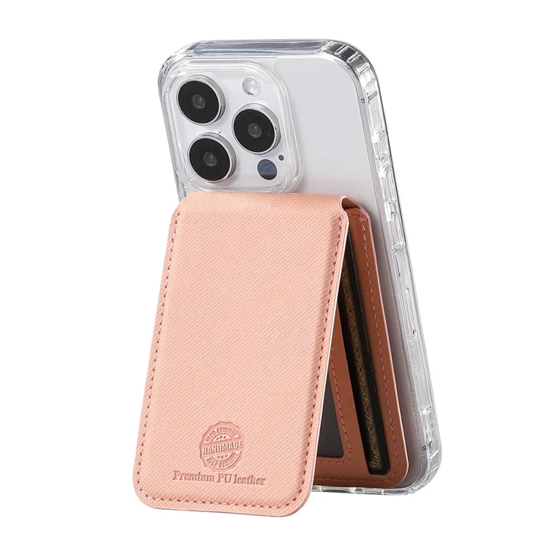 MC-W28 Ultra Thin Magnetic Card Holder for Phone Back RFID Blocking Twill Pattern Kickstand Card Case - Pink