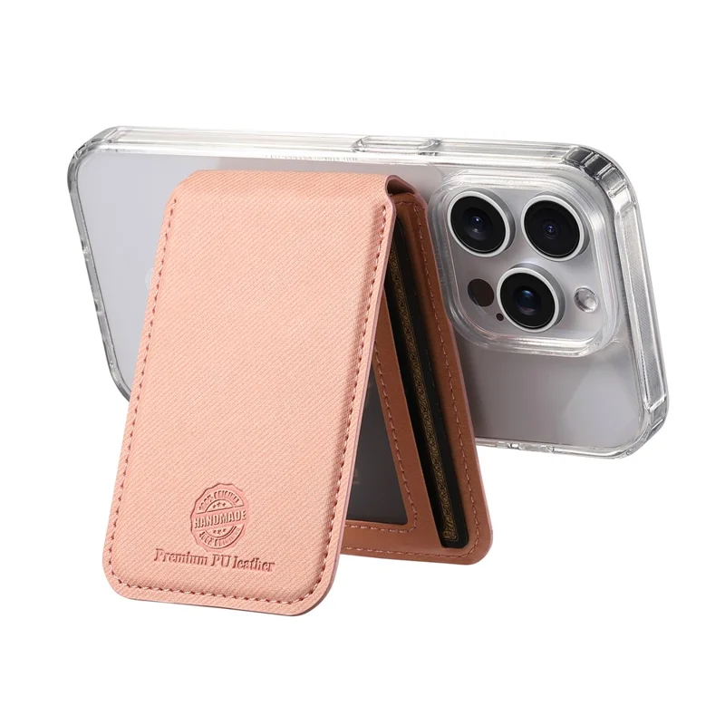 MC-W28 Ultra Thin Magnetic Card Holder for Phone Back RFID Blocking Twill Pattern Kickstand Card Case - Pink
