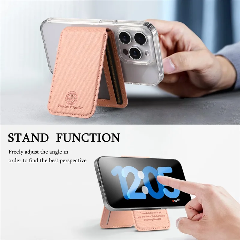 MC-W28 Ultra Thin Magnetic Card Holder for Phone Back RFID Blocking Twill Pattern Kickstand Card Case - Pink