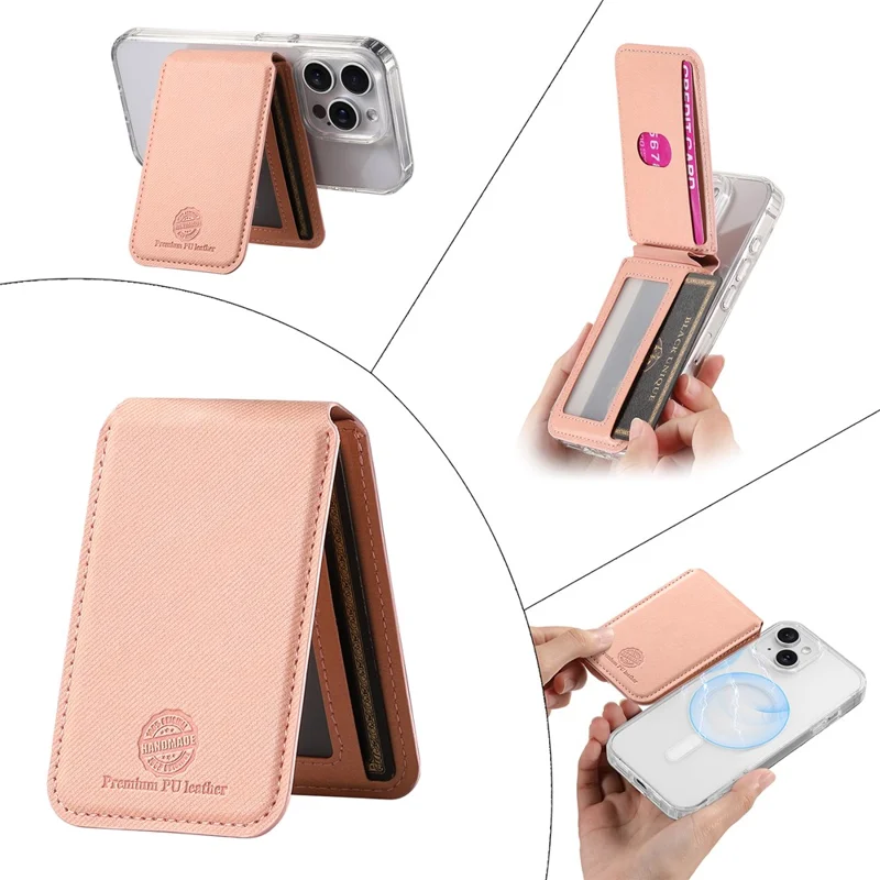 MC-W28 Ultra Thin Magnetic Card Holder for Phone Back RFID Blocking Twill Pattern Kickstand Card Case - Pink