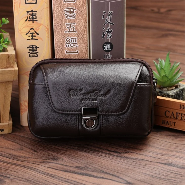 Genuine Cow Leather Belt Holster Phone Pouch Large Size Waist Pack Multi-Functional Wear-Resistant - Coffee