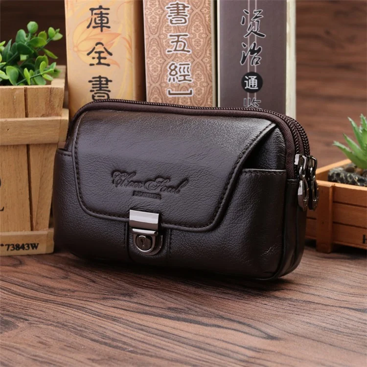 Genuine Cow Leather Belt Holster Phone Pouch Large Size Waist Pack Multi-Functional Wear-Resistant - Coffee