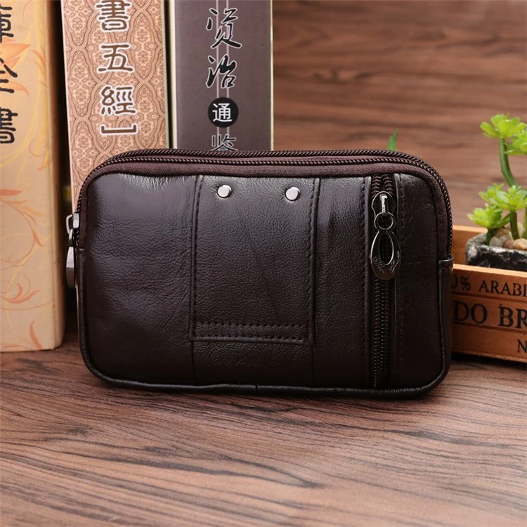 Genuine Cow Leather Belt Holster Phone Pouch Large Size Waist Pack Multi-Functional Wear-Resistant - Coffee
