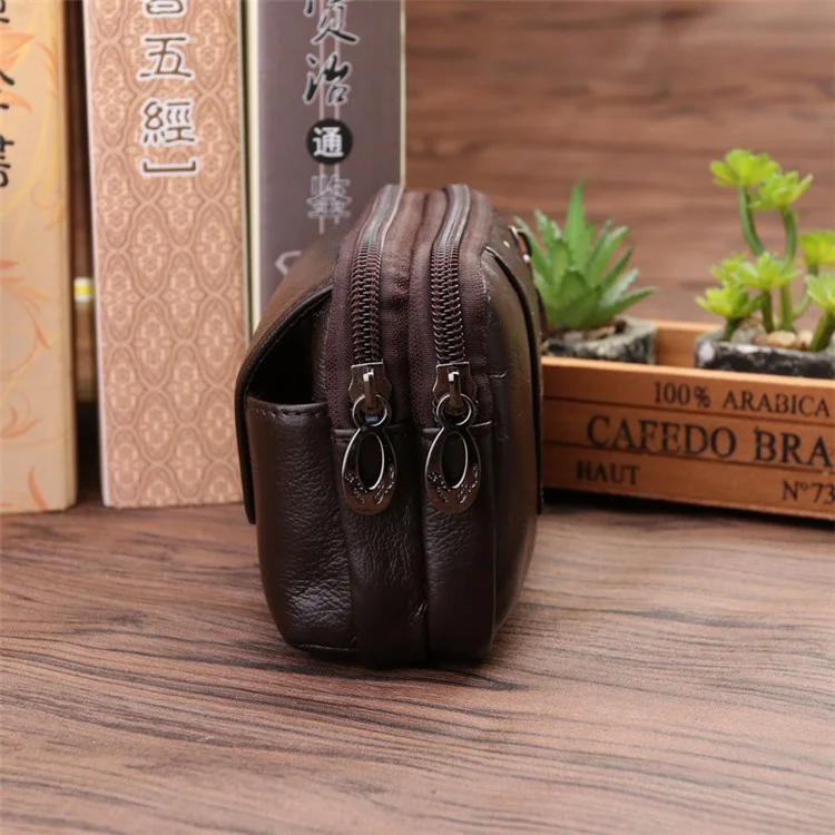 Genuine Cow Leather Belt Holster Phone Pouch Large Size Waist Pack Multi-Functional Wear-Resistant - Coffee
