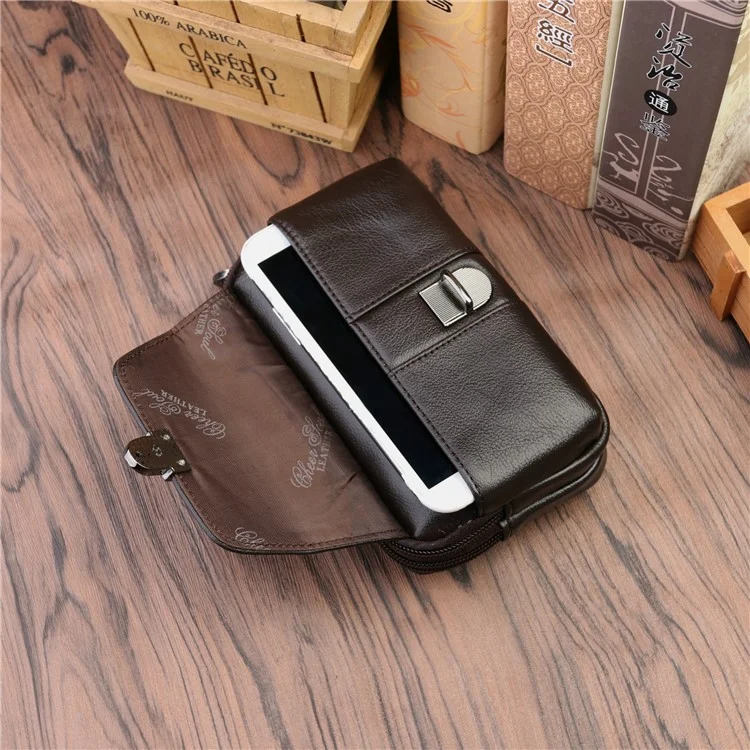 Genuine Cow Leather Belt Holster Phone Pouch Large Size Waist Pack Multi-Functional Wear-Resistant - Coffee
