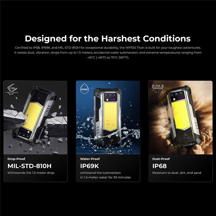 OUKITEL WP100 TITAN 5G Защищенный смартфон 6,8 дюйма Dimensity 7300 16 ГБ + 512 ГБ Аккумулятор 33000 мАч Камера 200 МП Встроенный проектор - Черный