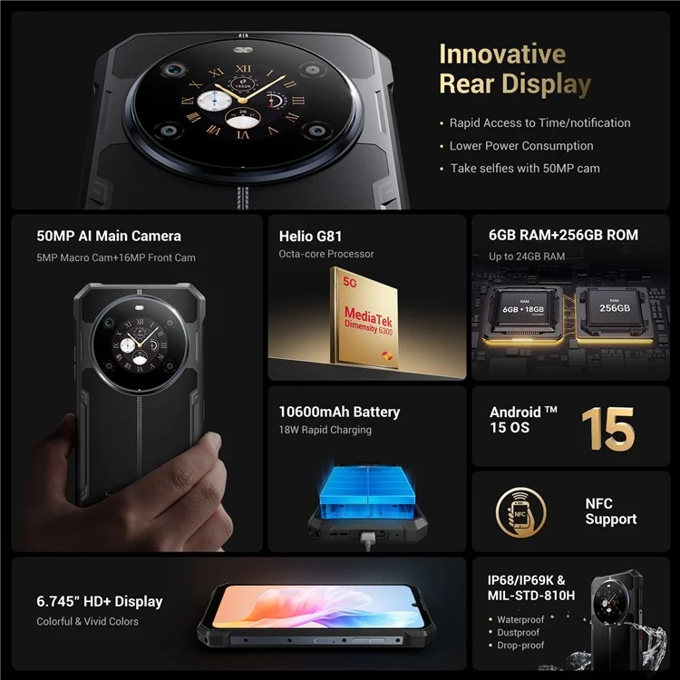 FOSSIBOT F109S 6.745 inch Rugged Smartphone Android 15 6GB + 256GB 10600mAh Battery 50MP Camera, NFC