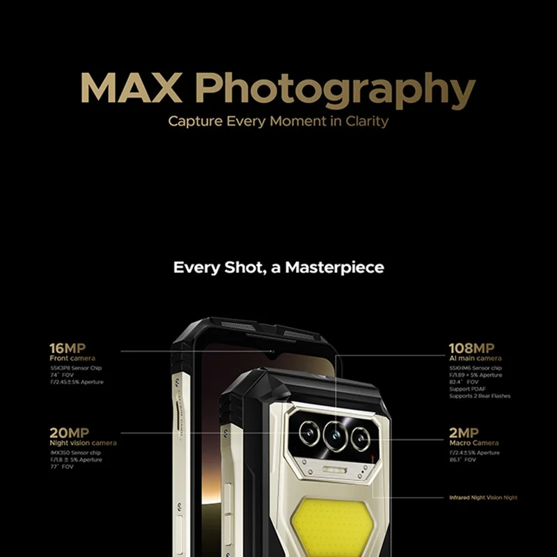 DOOGEE V MAX S 5G Smartphone Resistente 6,58 pulgadas Dimensity 7050 8GB + 256GB Batería de 22000mAh Cámara de 108MP Android 14 - Tono Desgastado