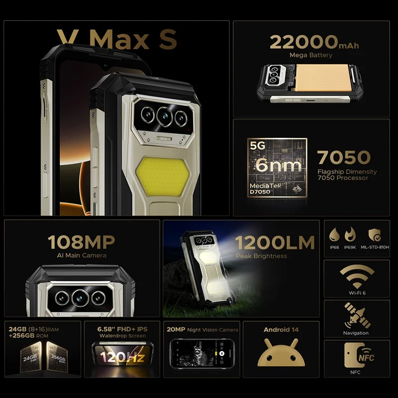 DOOGEE V MAX S 5G Smartphone Resistente 6,58 pulgadas Dimensity 7050 8GB + 256GB Batería de 22000mAh Cámara de 108MP Android 14 - Tono Desgastado