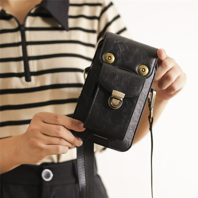 Bolsa Transversal de 6,7 Polegadas para Celular, Pochete de Couro com Alça de Ombro - Preto