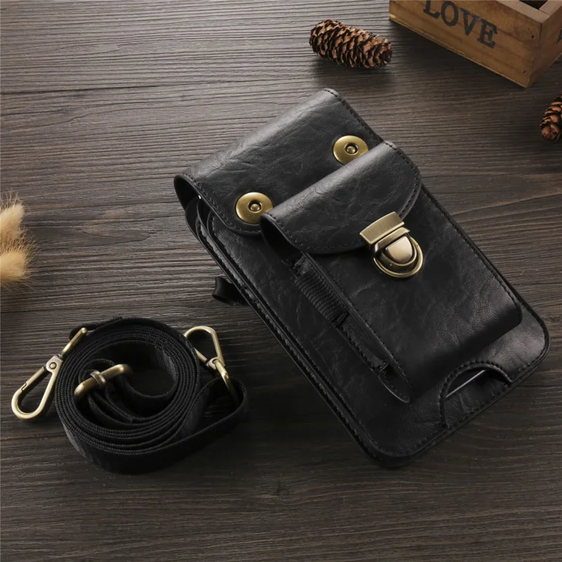 Bolsa Transversal de 6,7 Polegadas para Celular, Pochete de Couro com Alça de Ombro - Preto