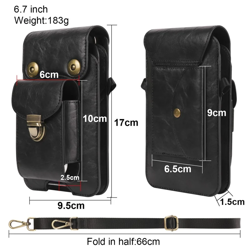 Bolsa Transversal de 6,7 Polegadas para Celular, Pochete de Couro com Alça de Ombro - Preto