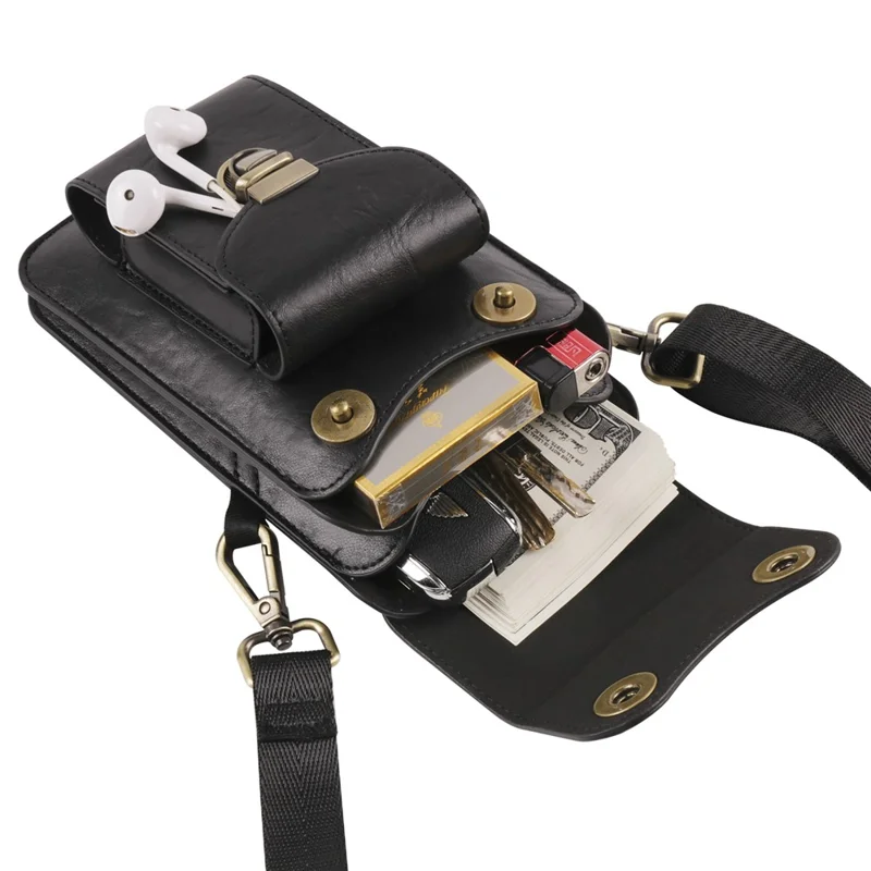 Bolsa Transversal de 6,7 Polegadas para Celular, Pochete de Couro com Alça de Ombro - Preto