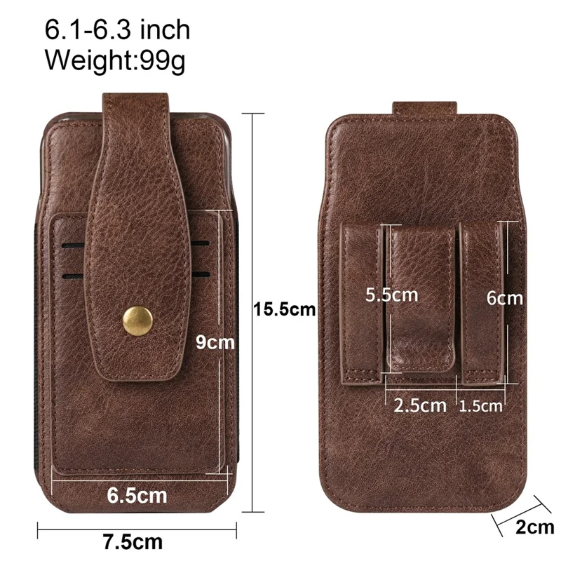 For 6.1 - 6.3 Inch Phone Pouch Vertical Card Holder PU Leather Elastic Side Bands Waist Case - Coffee